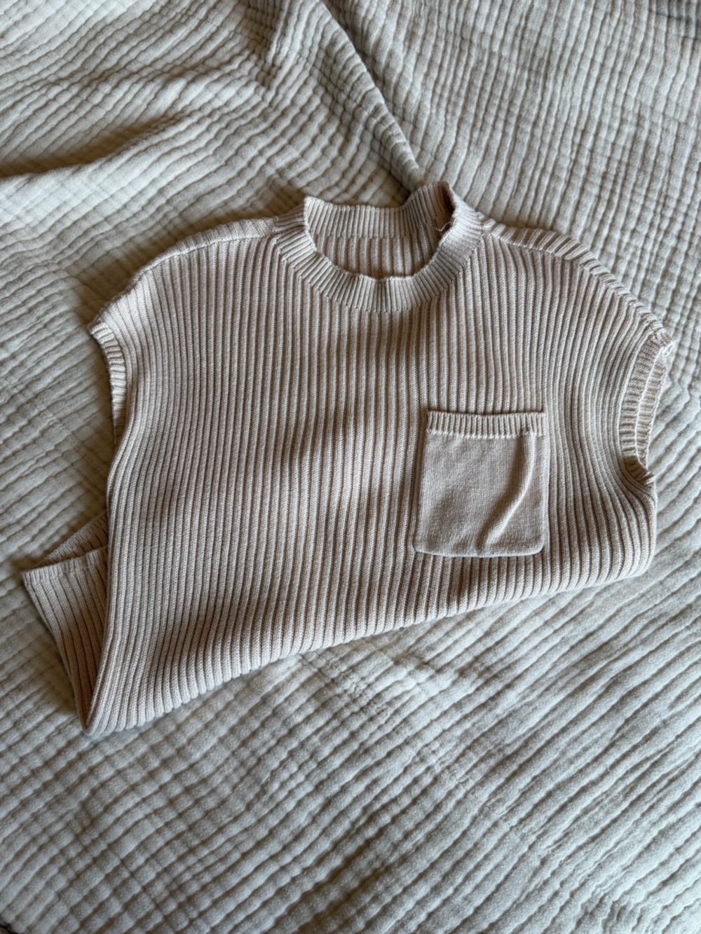 Cream Ribbed Knit Sleeveless Top with Pocket